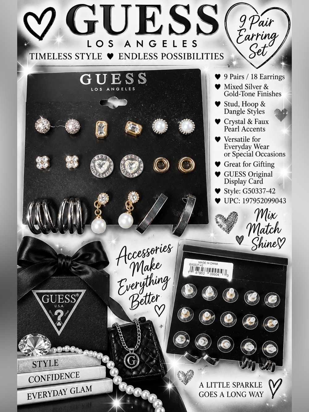GUESS 9 Pair Earring Set Studs Hoops Hearts Pearls Crystal Mixed Metal